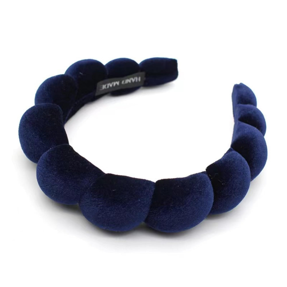 Uchyius navy blue padded headband closeup shows plush velvet and comfortable fit