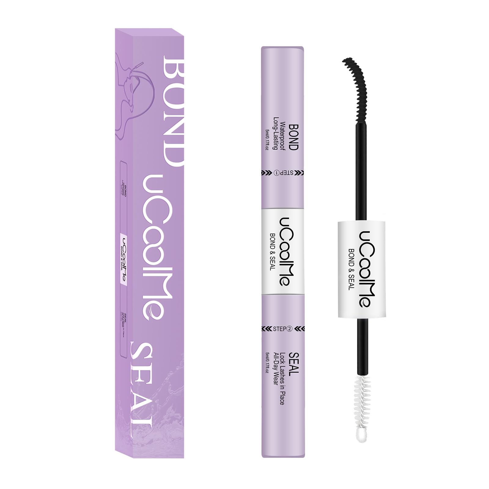 UCOOLME Lash Bond and Seal black bottle pours highlighting long-lasting hold for DIY lash extensions.