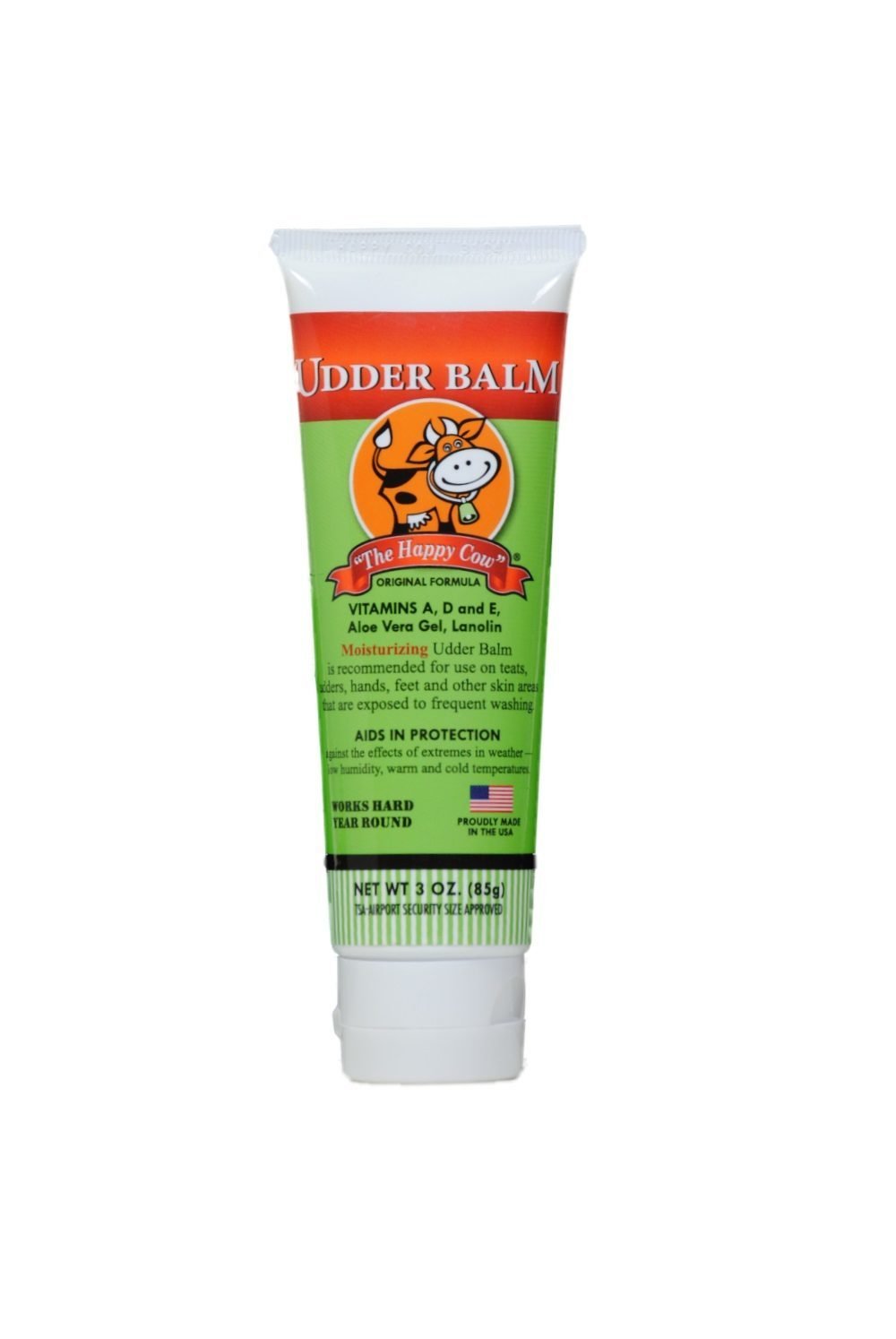 Udder Balm The Happy Cow 3oz tube for quick hydration and non-greasy skin absorption.