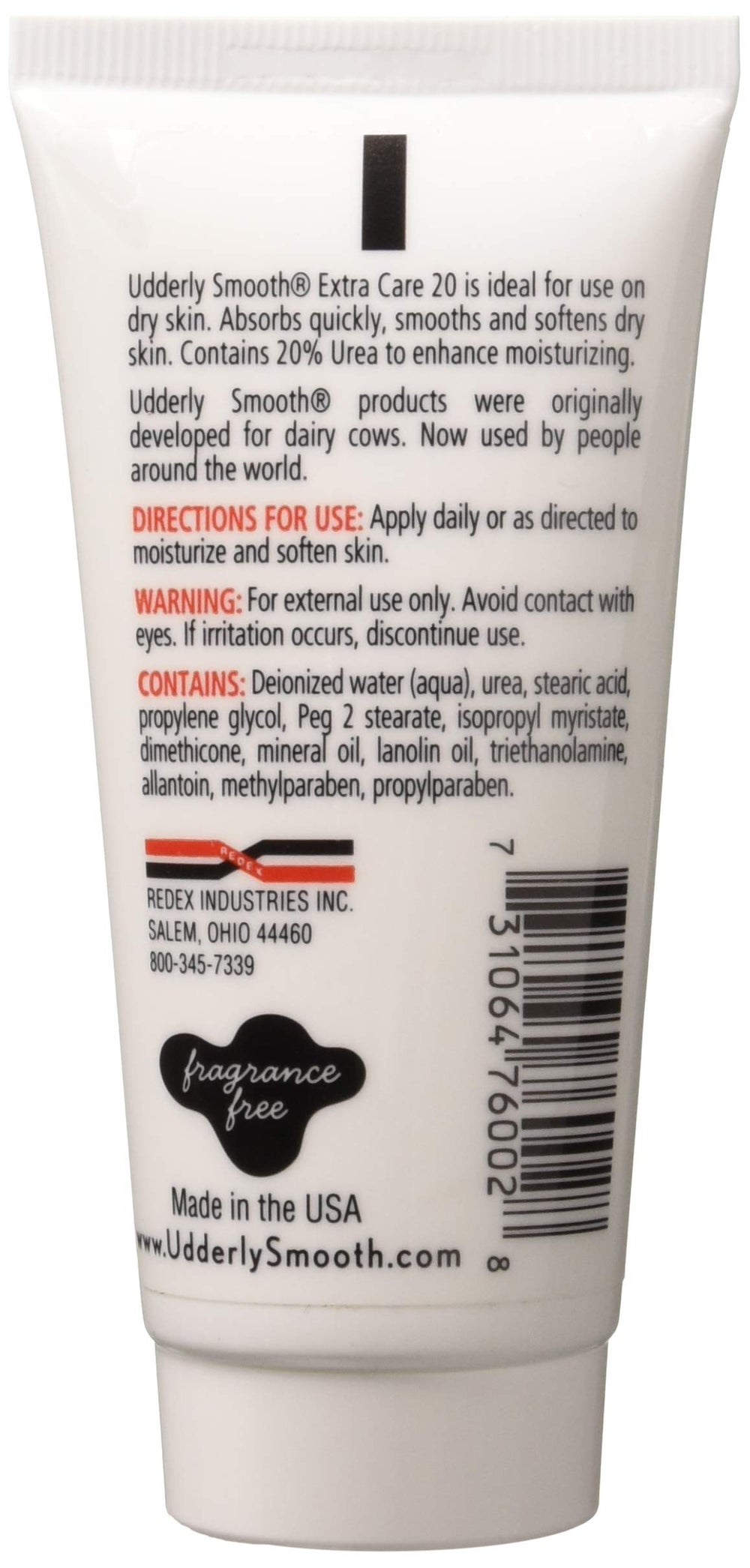 Udderly Smooth Extra Care 20 unscented cream packaging closeup highlighting USA made.