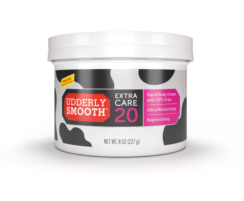 Udderly Smooth Extra Care 20% Urea cream jar close-up highlights rich, hydrating texture
