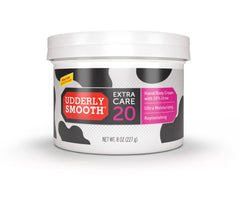 Udderly Smooth Extra Care 20% Urea cream jar close-up highlights rich, hydrating texture