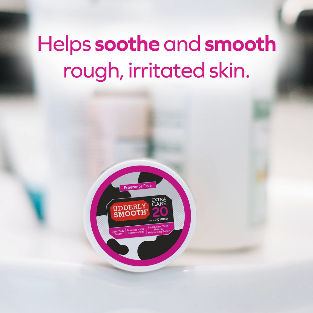 Udderly Smooth Extra Care 20% Urea cream label detail emphasizes unscented formulation