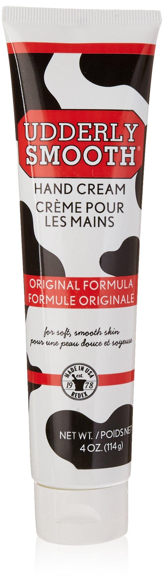 Udderly Smooth hand cream application close-up shows quick absorption and softening skin.