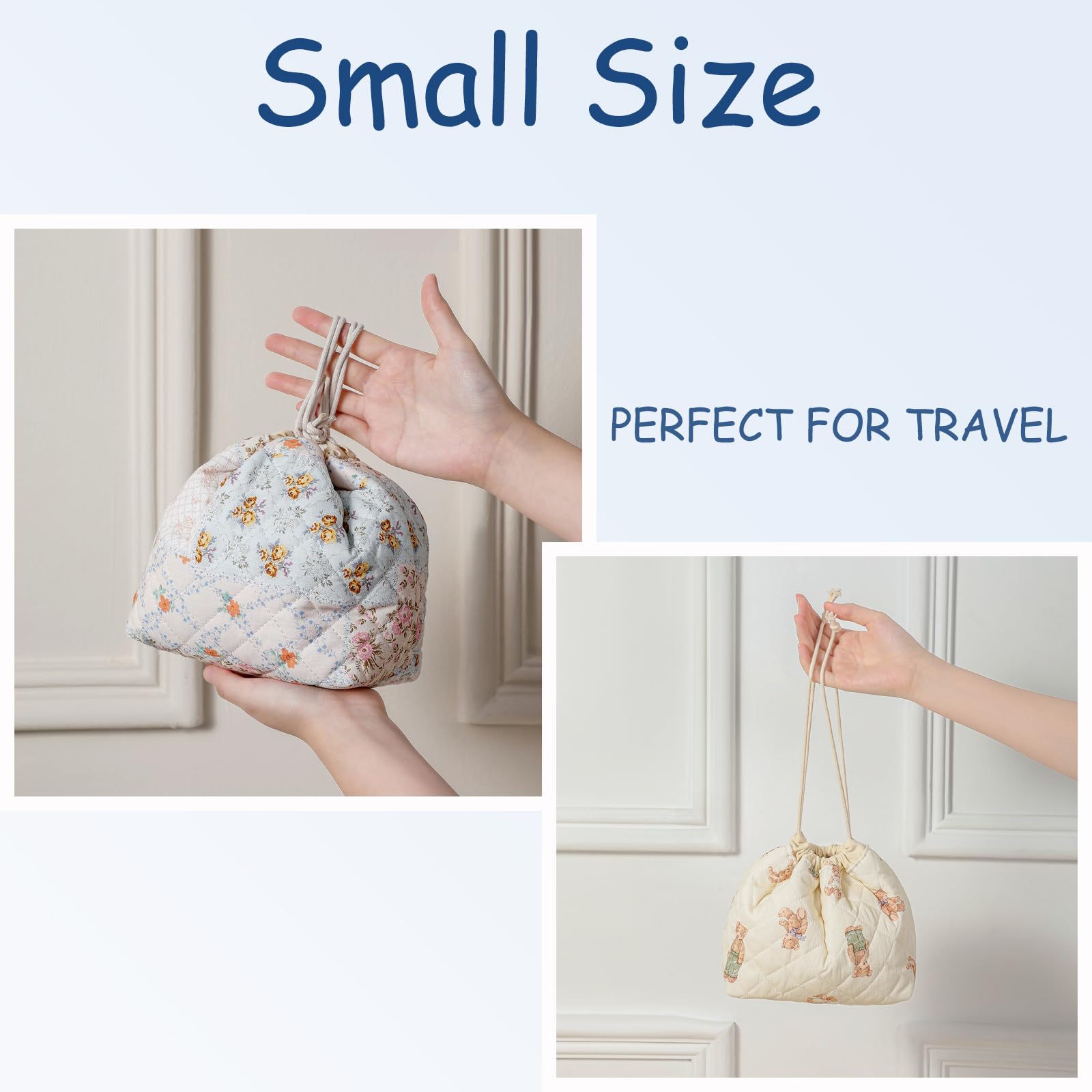 uekeboag Cotton Quilted Drawstring Makeup Bag open drawstring highlights easy access.