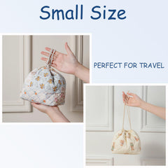 uekeboag Cotton Quilted Drawstring Makeup Bag open drawstring highlights easy access.