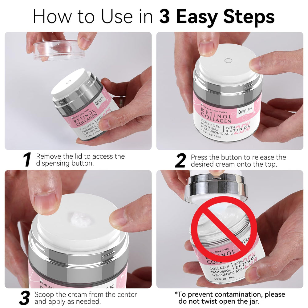 UFEEK face and neck cream tub application demonstrating firming and hydration for targeted care.