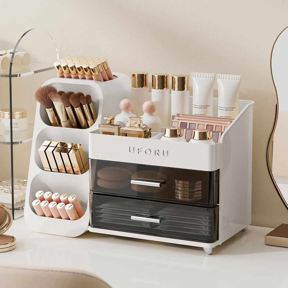 UFORU cosmetic display case with two drawers keeps cosmetics accessible and tidy on a vanity.