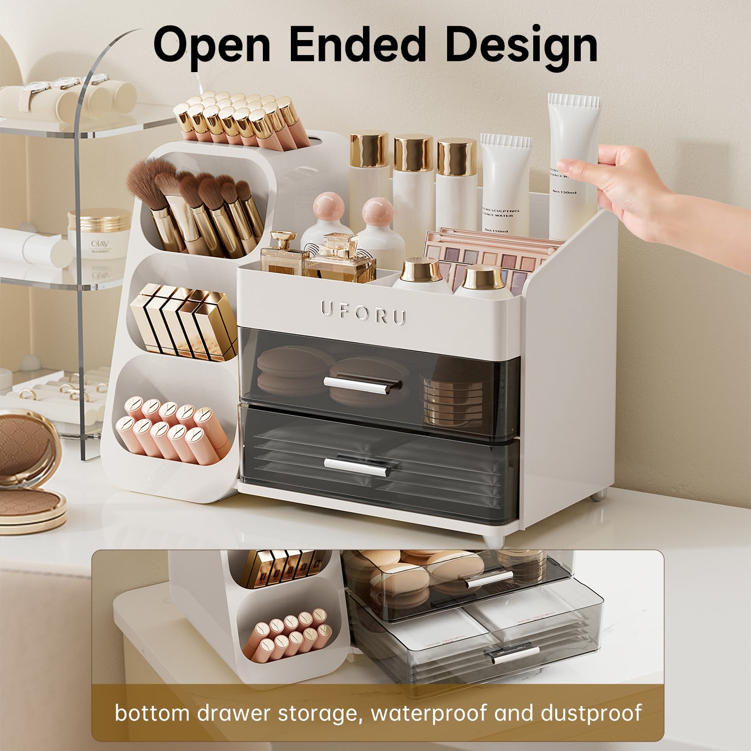 UFORU durable plastic material resists moisture, ensuring long-lasting daily beauty organization.