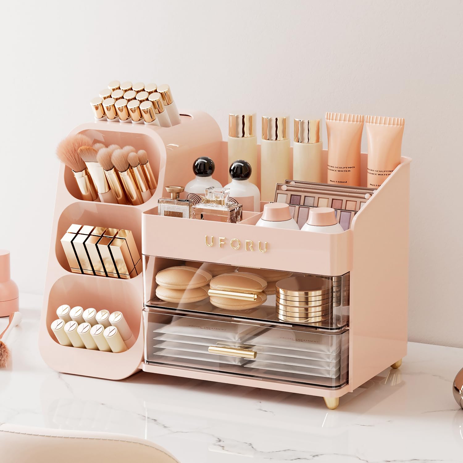 UFORU makeup organizer brush holder close-up shows durable handles for easy access.
