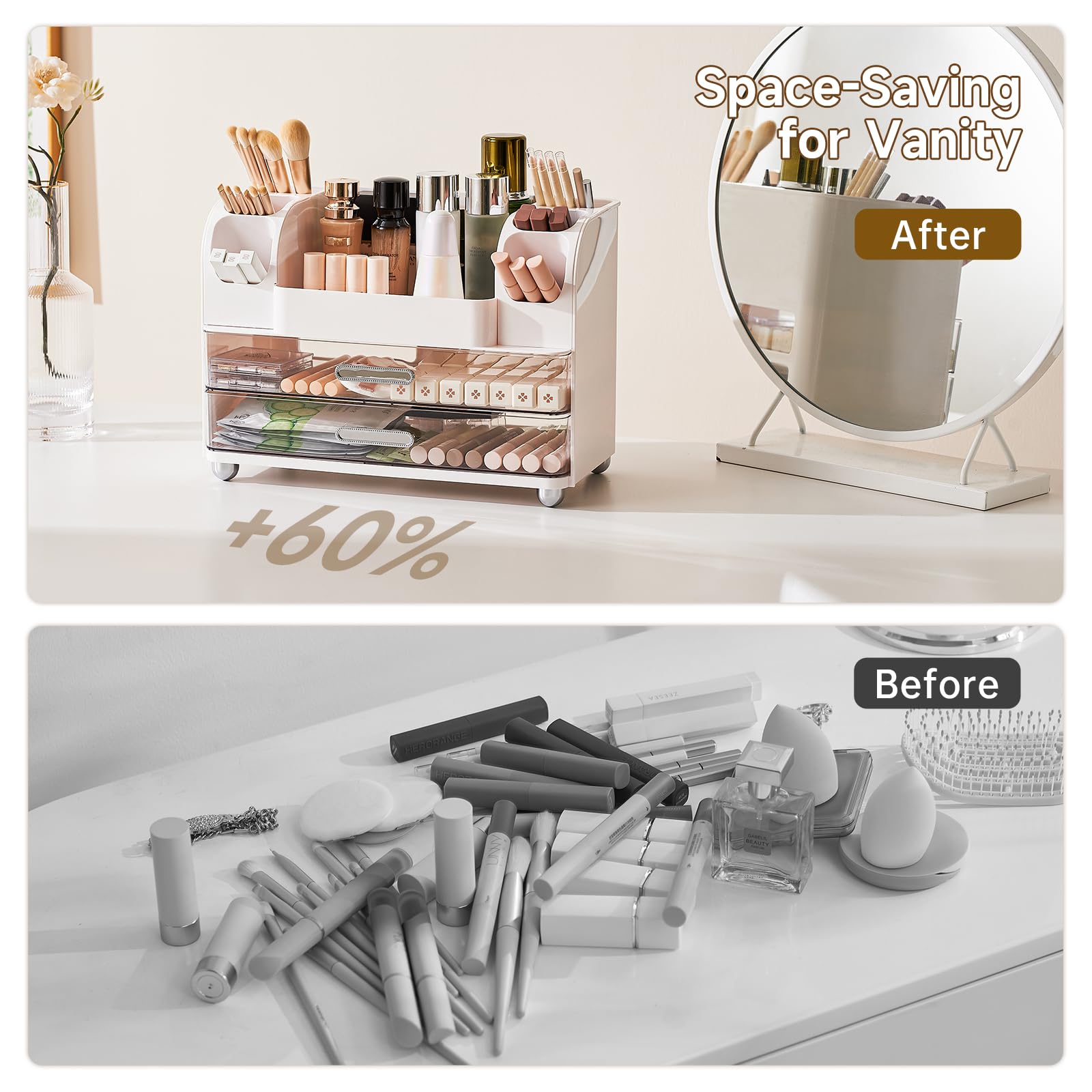 UFORU makeup organizer available in white cream white pink and green finishes.