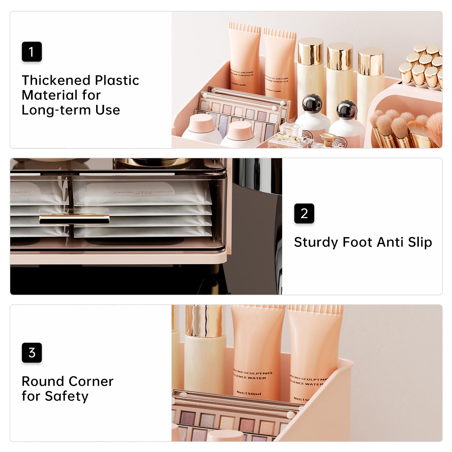 UFORU makeup organizer on countertop frees vanity from clutter.
