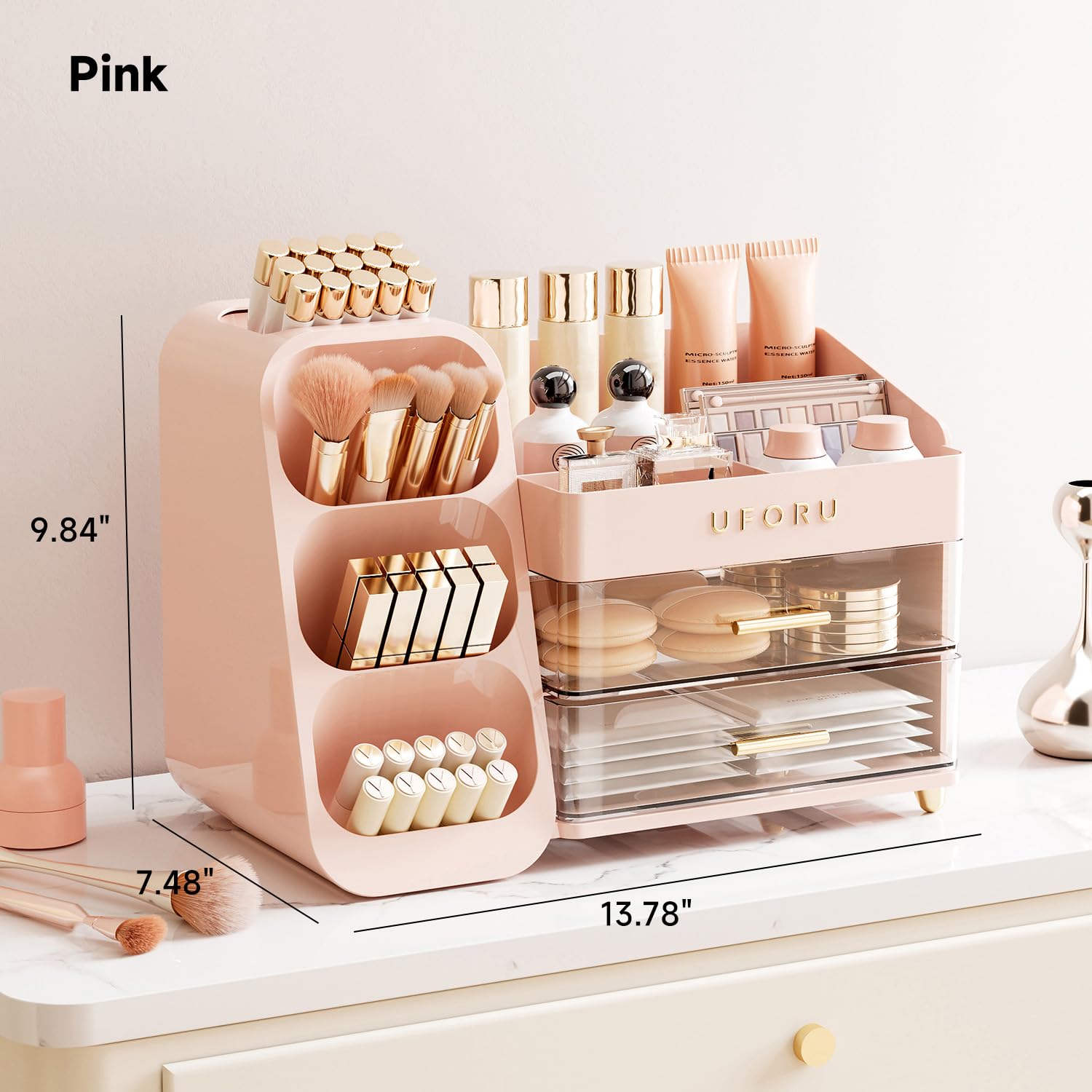 UFORU makeup organizer drawer close-up emphasizes safe rounded edges and stability.