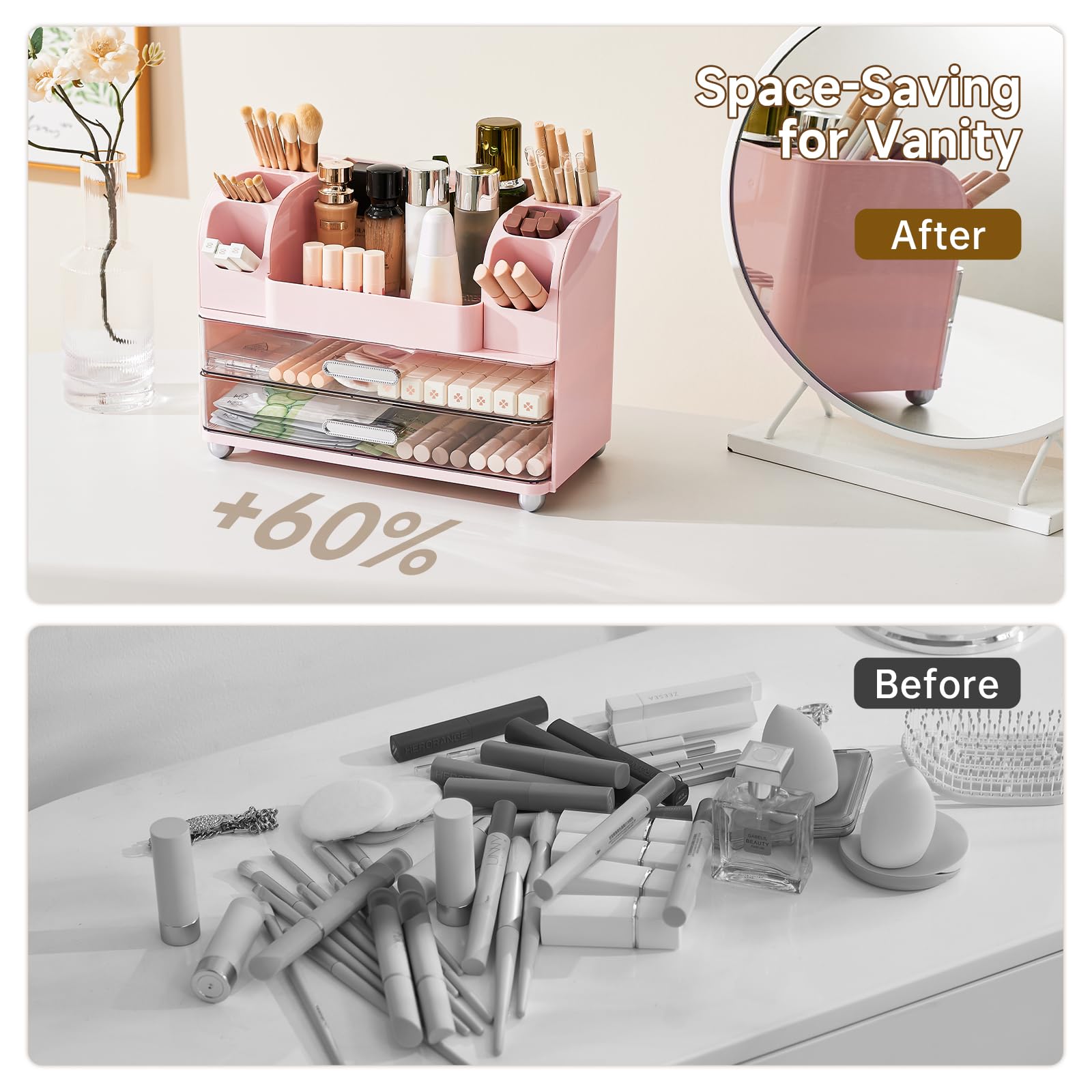 UFORU makeup organizer pink color option enhances desk aesthetic