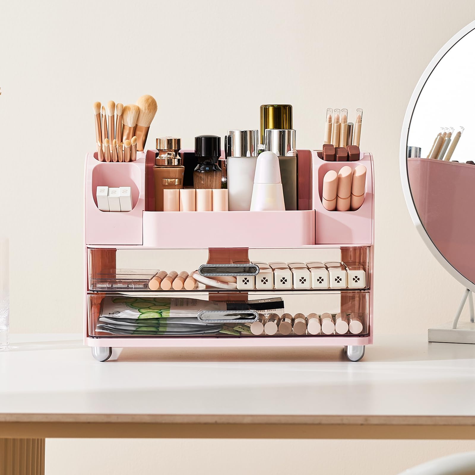 UFORU makeup organizer vanity drawer detail with two wide drawers for cosmetics