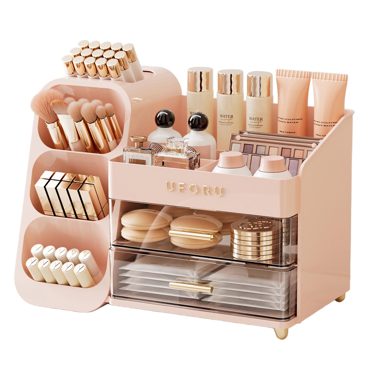 UFORU makeup organizer vanity with brush holder keeps cosmetics neatly organized.