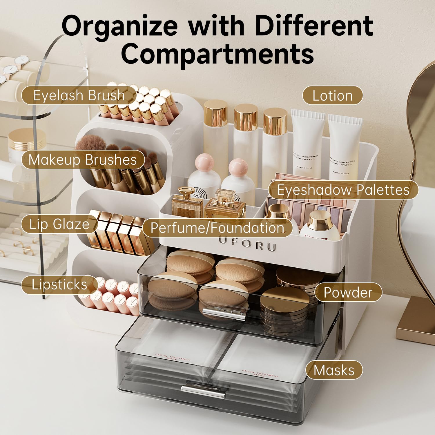 UFORU rounded edges and metallic handles add safe, stylish details to your vanity setup.