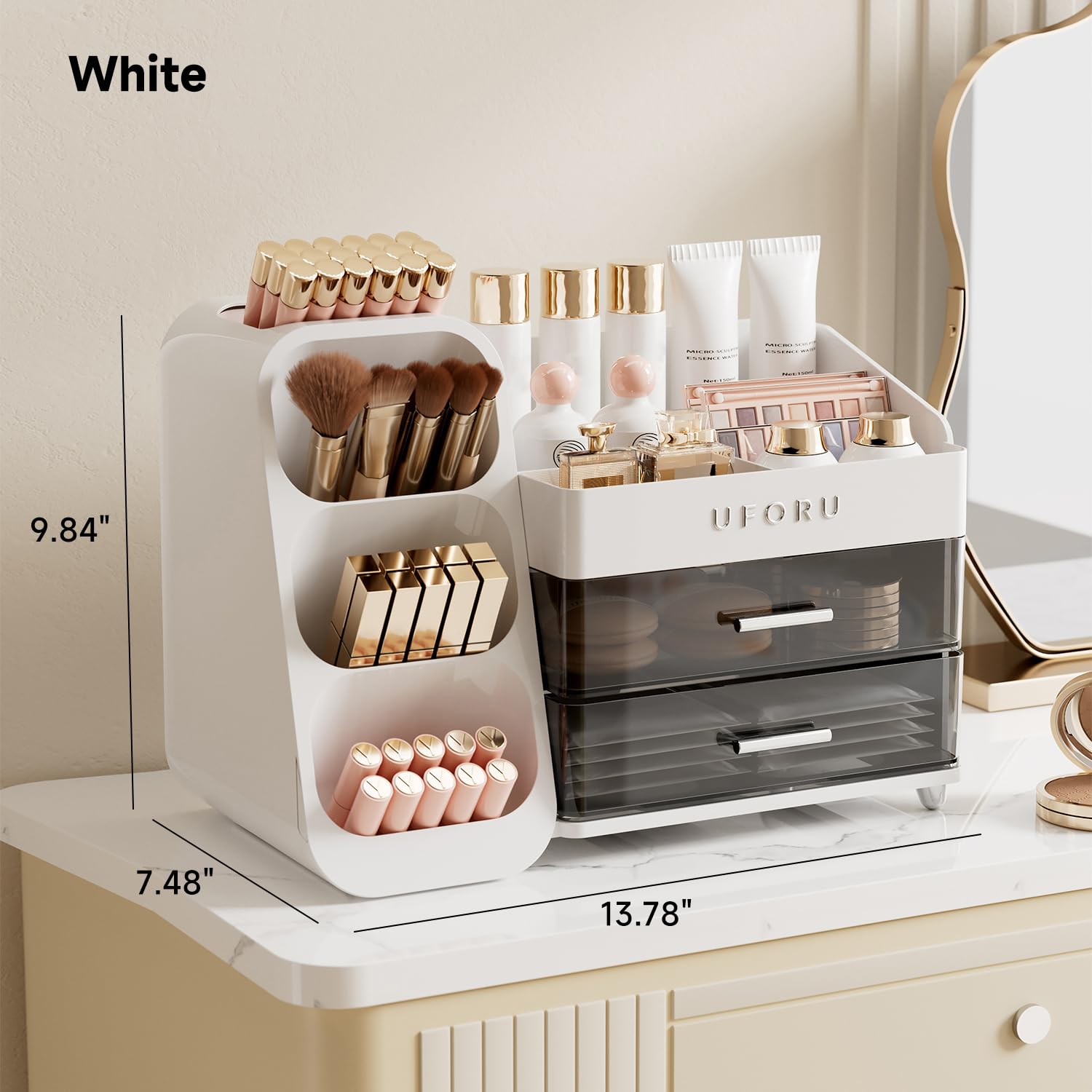 UFORU vanity storage spacious compartments separate skincare, makeup, and accessories for efficient routines.