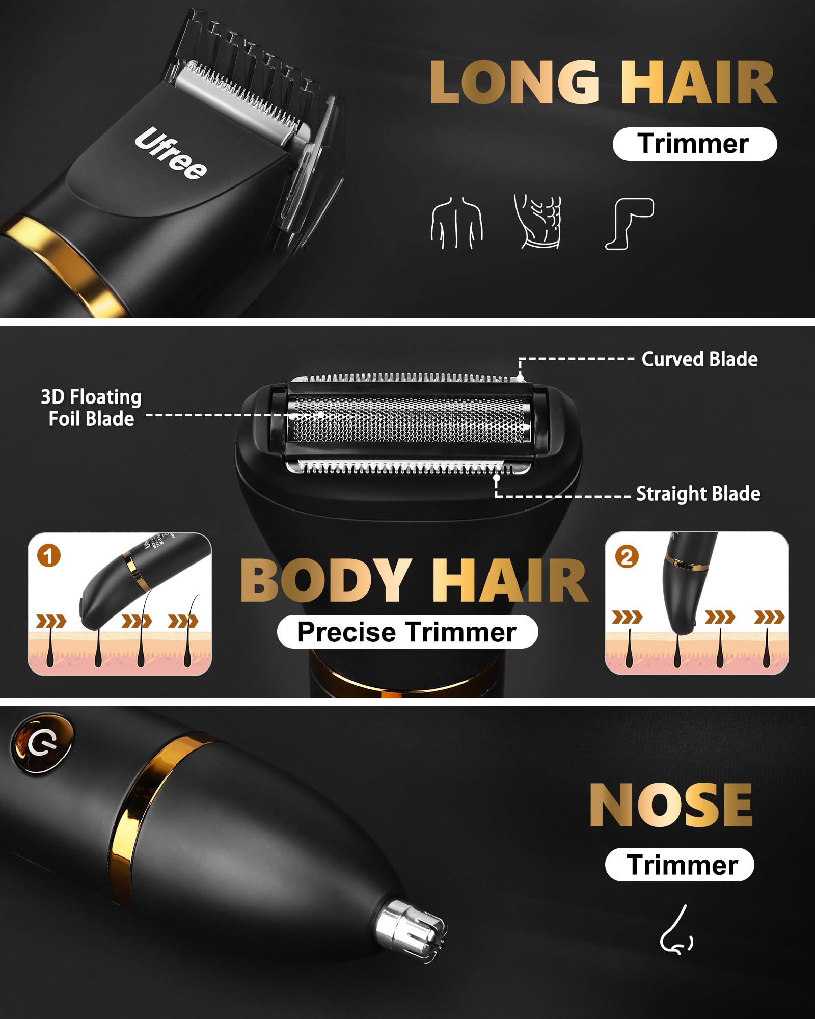 Ufree 3in1 body grooming kit parts reveal interchangeable blades for versatile trimming.