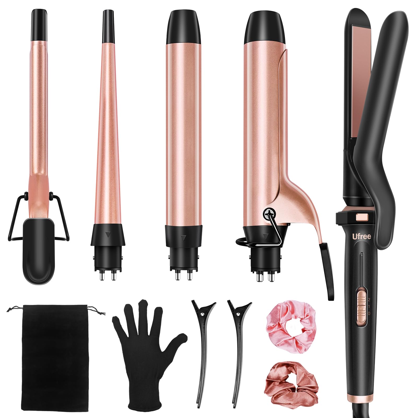Ufree 5-in-1 curling iron set displayed, showcasing versatile styling options for every look.