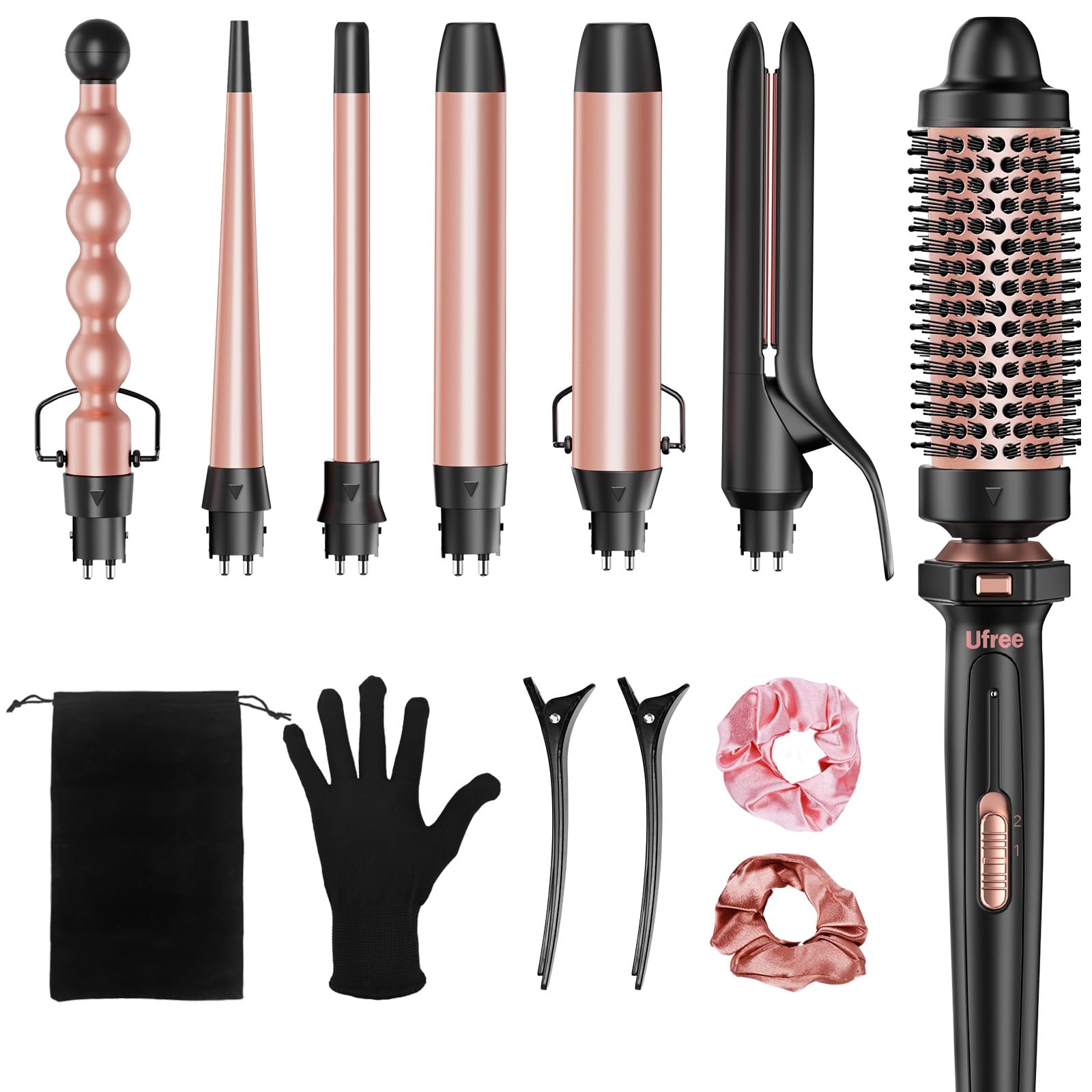 Ufree 7-in-1 curling set interchangeable barrels for versatile styling options.