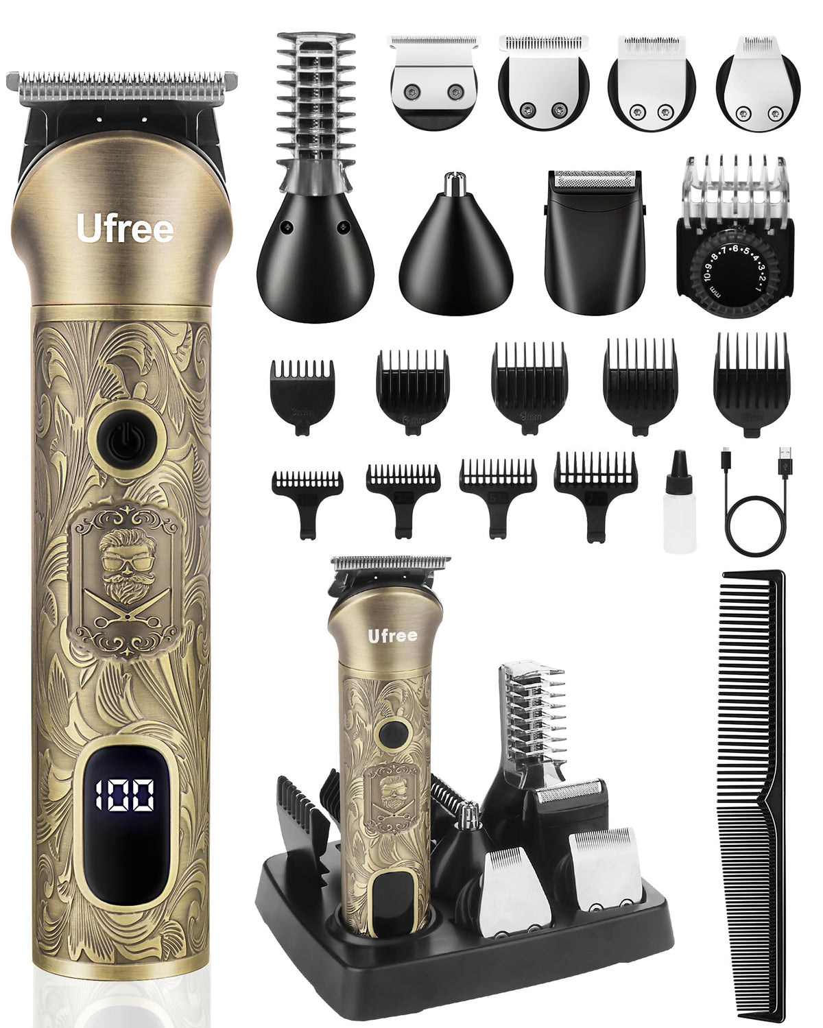 Ufree beard trimmer head-to-body kit shows versatile grooming and precise shaping