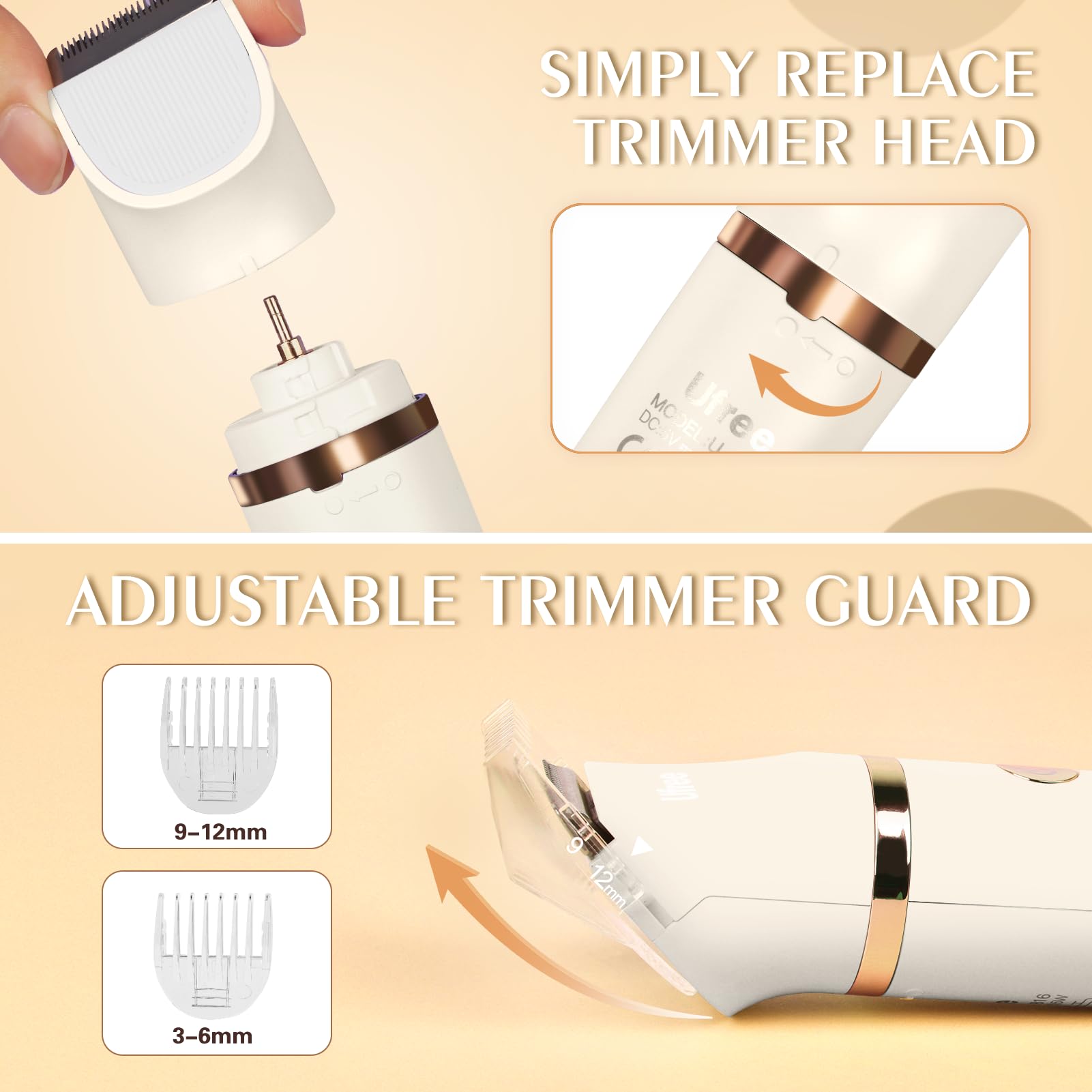 Ufree Trimmer 3 detachable blades enable facial, body, bikini trimming.