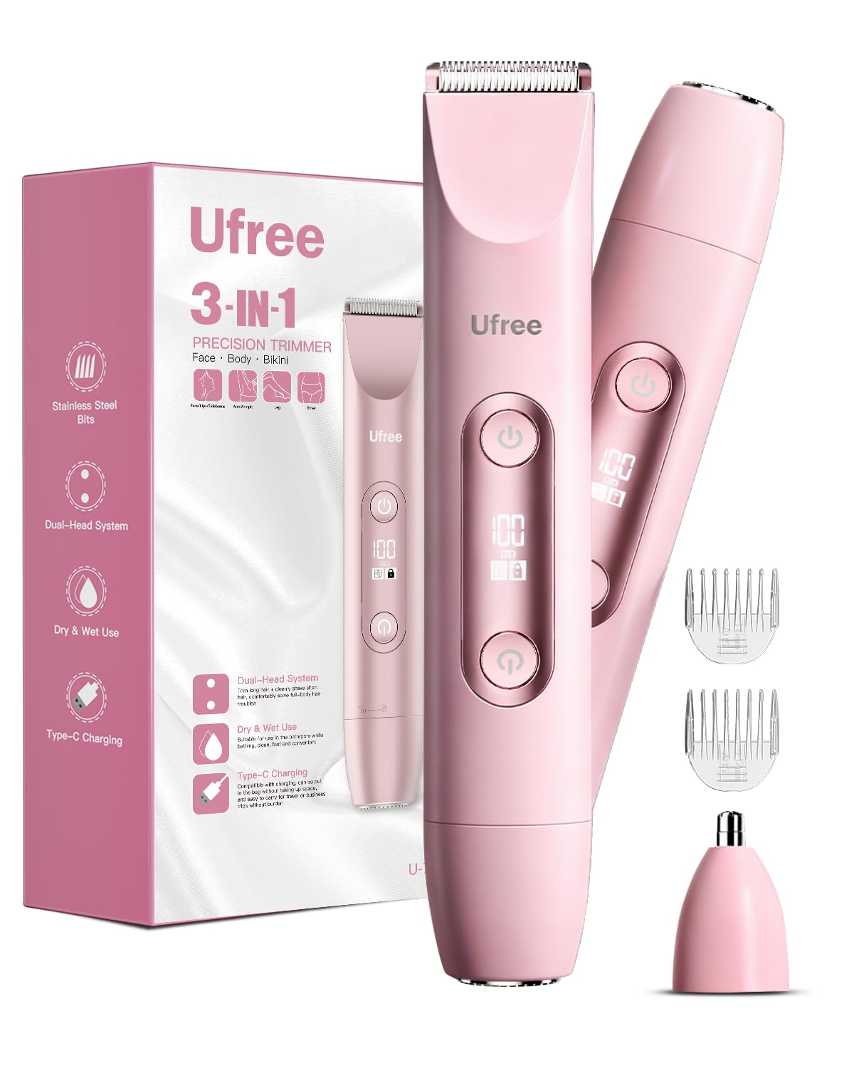 Ufree bikini-trimmer dual-head for smooth bikini line trimming and versatility.