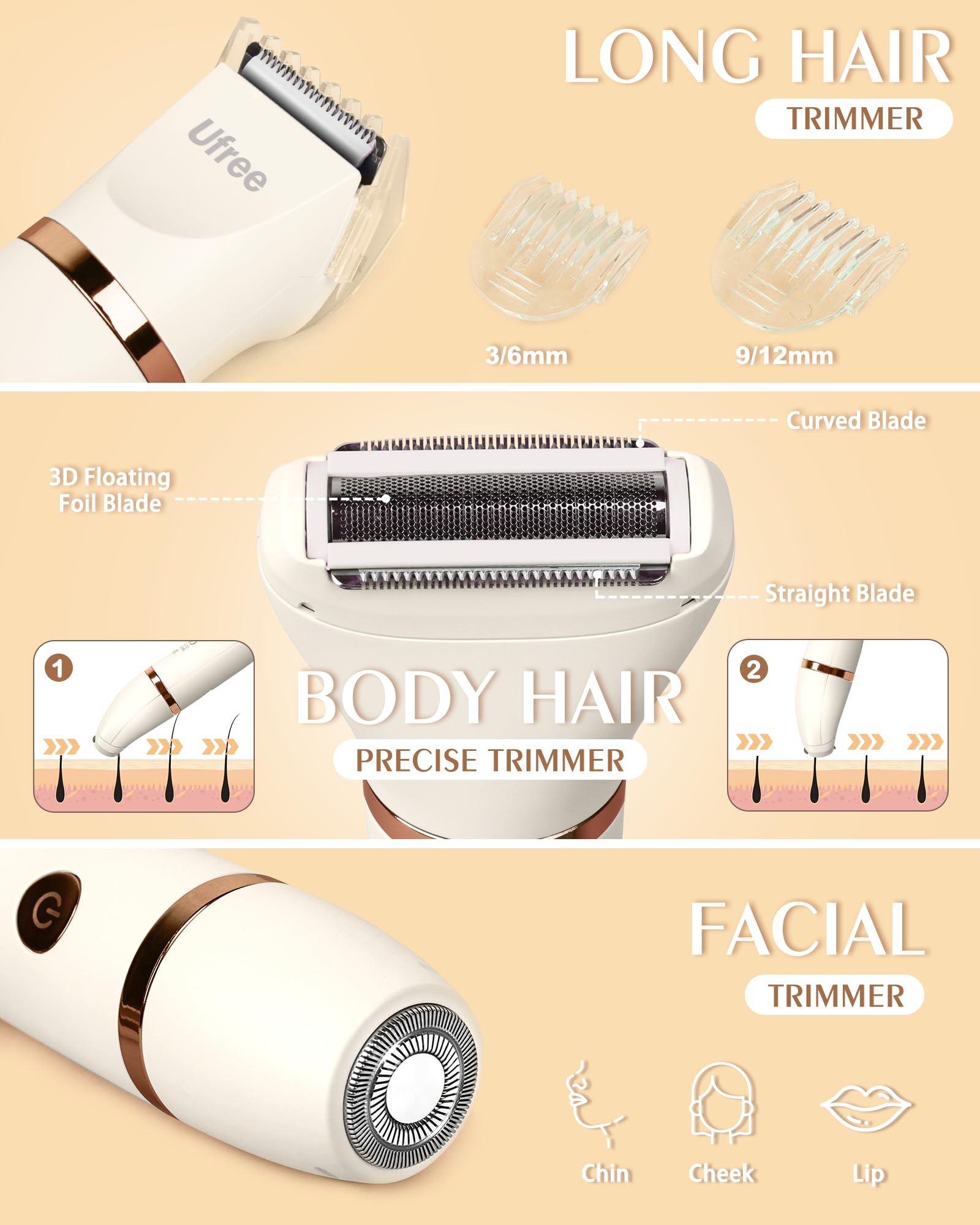 Ufree Bikini Trimmer gold with detachable heads for versatile grooming.