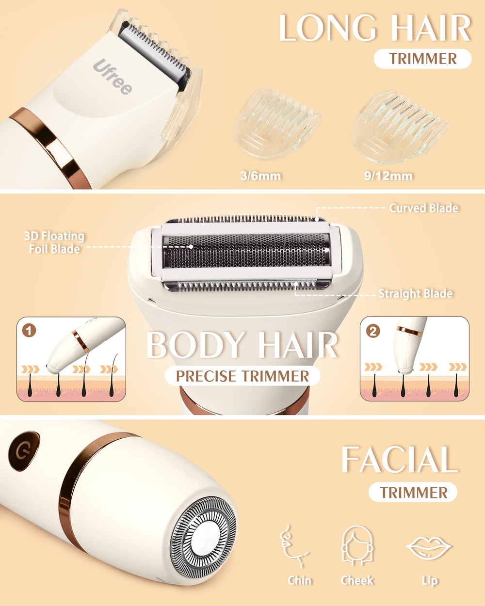 Ufree Bikini Trimmer gold with detachable heads for versatile grooming.