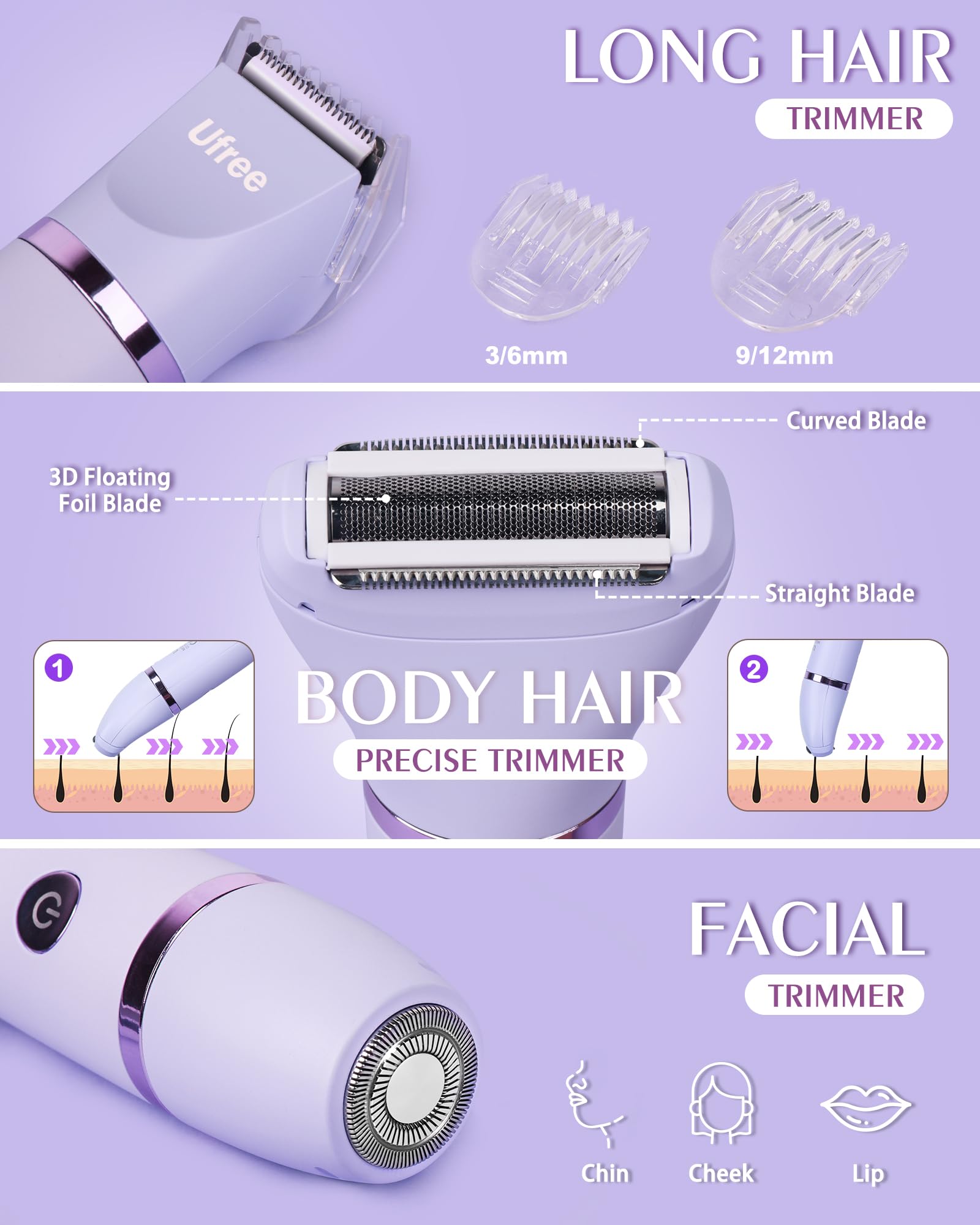 Ufree Bikini Trimmer heads-foil-hair demonstrate versatile trimming for precise shaping
