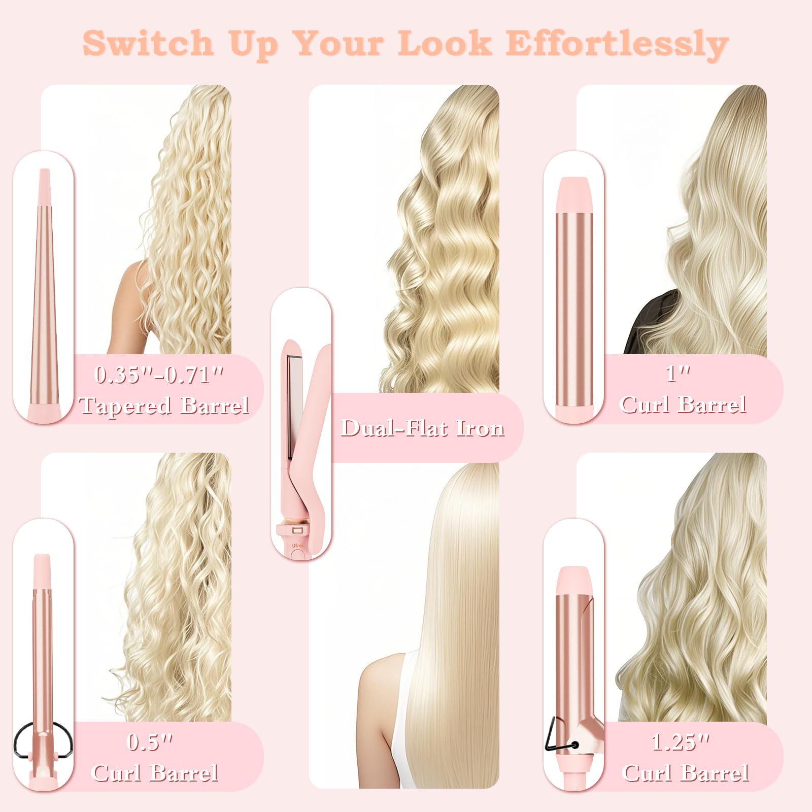 Ufree ceramic-barrel close-up showing even heat distribution for smooth curls.