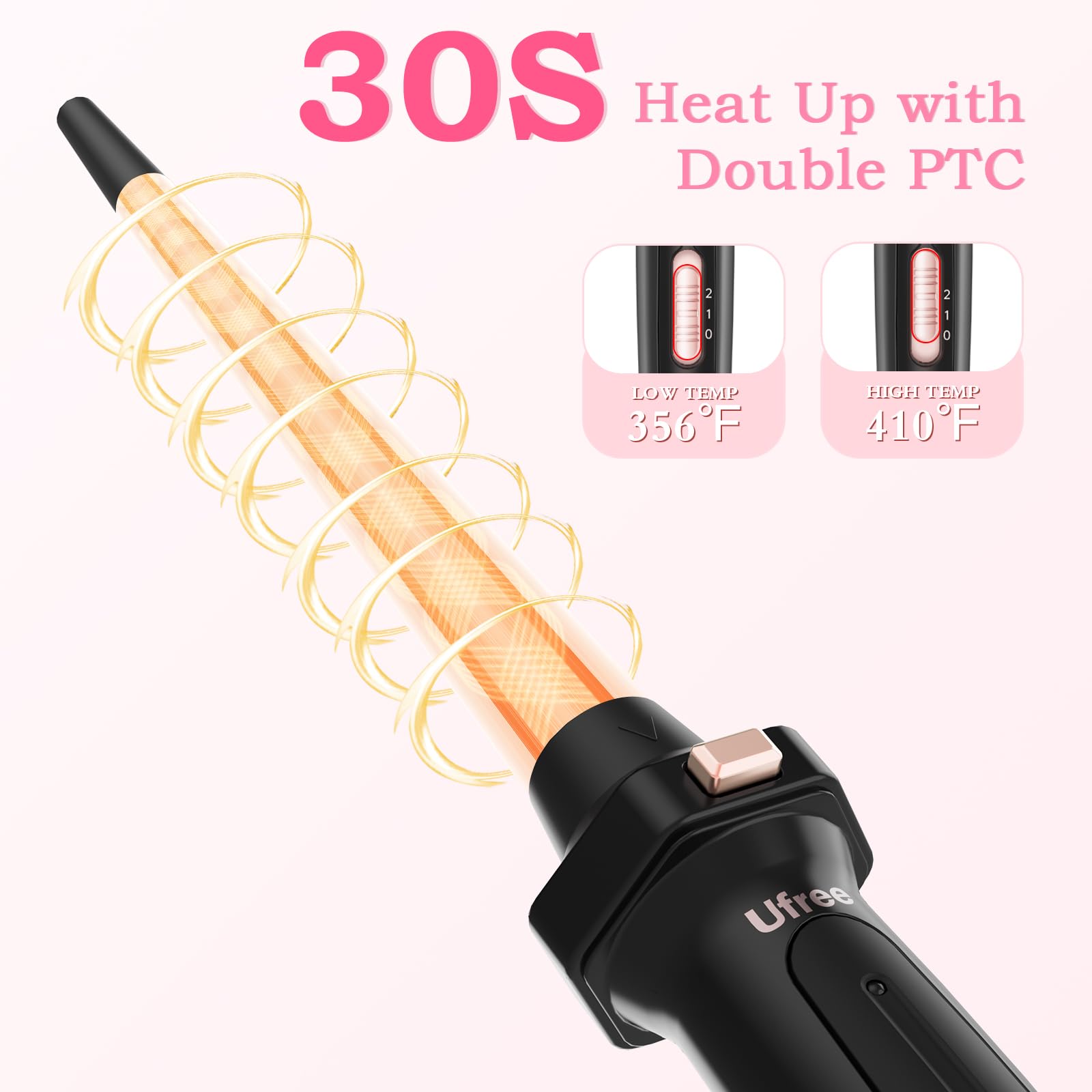 Ufree ceramic-coated barrel close-up shows even heat for consistent styling.
