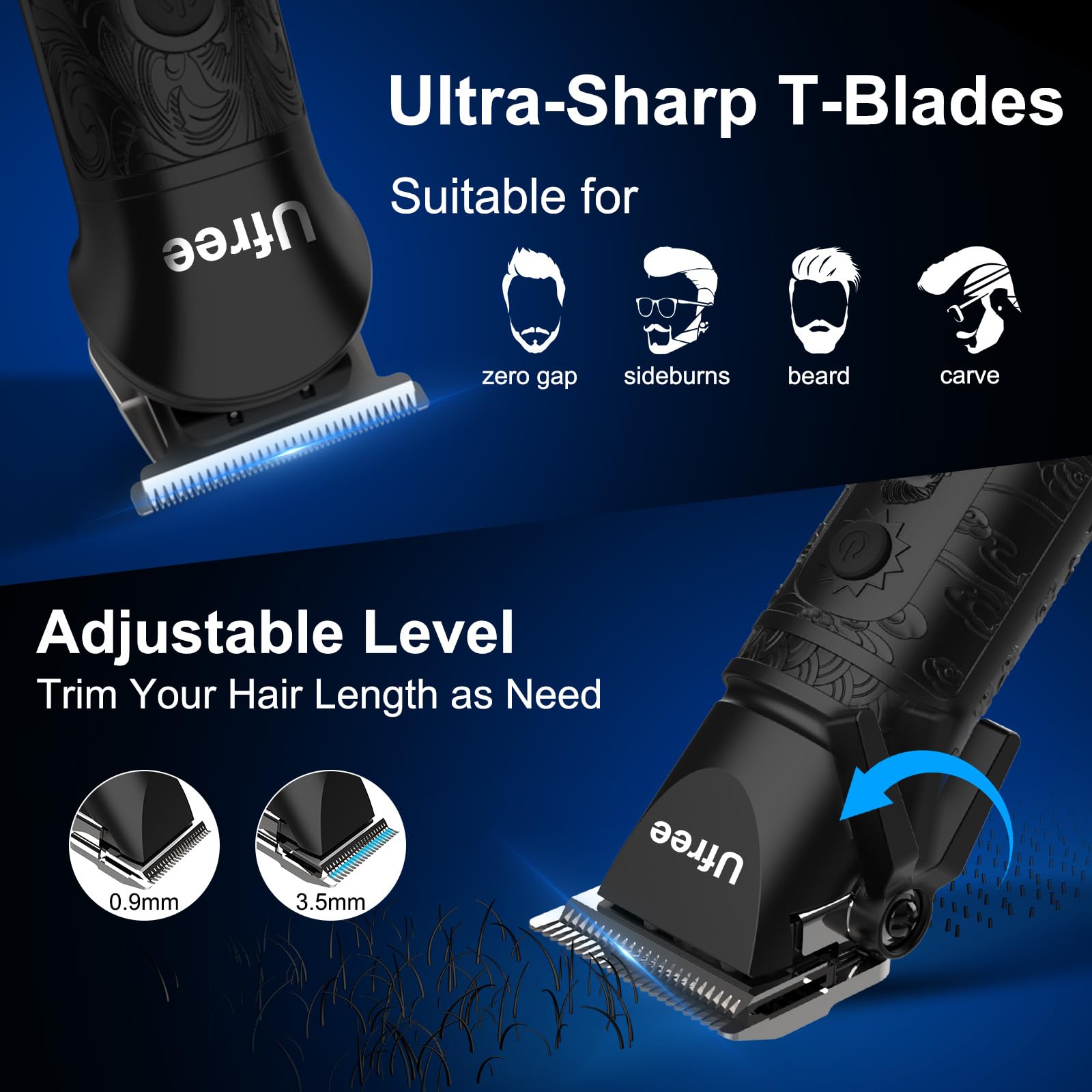 Ufree clippers LCD display shows battery and oil status