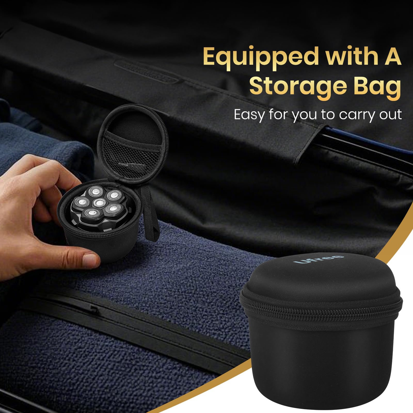 Ufree compact storage bag holding shaver and accessories for travel.