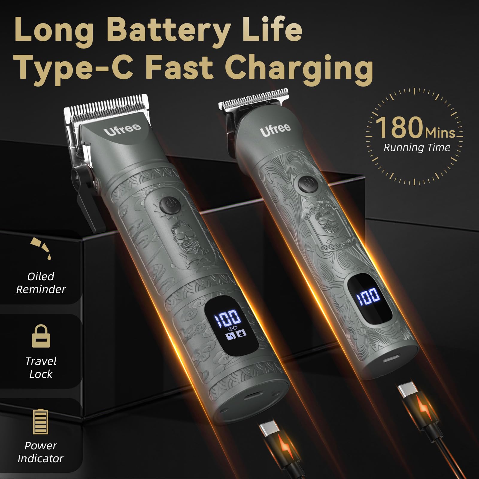 Ufree cordless grooming kit charges quickly via Type-C for extended on-the-go use.