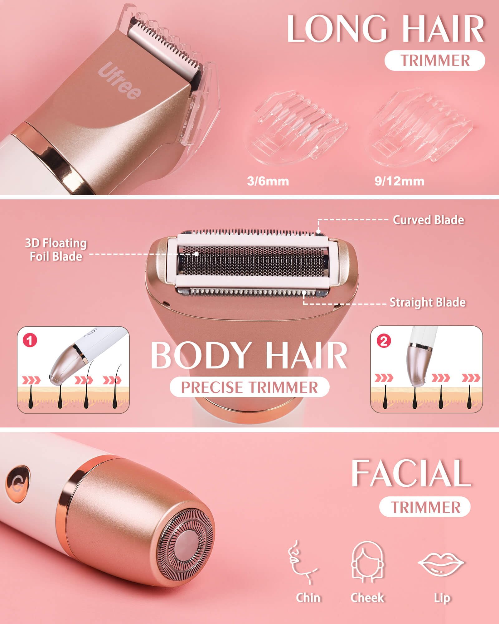 Ufree detachable blades and guards enable precise lengths for smooth body grooming.