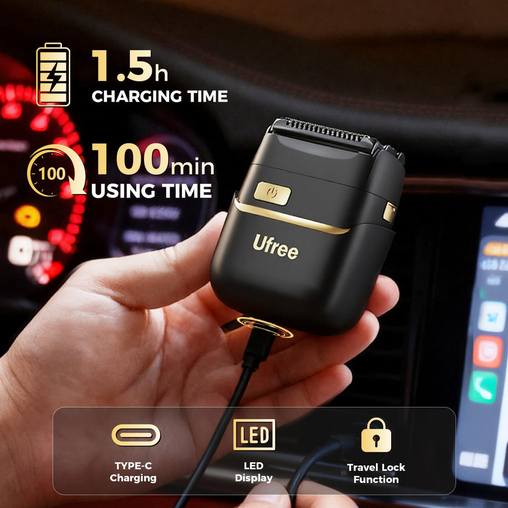 Ufree shaver USB-C charging powers up from laptop or power bank.