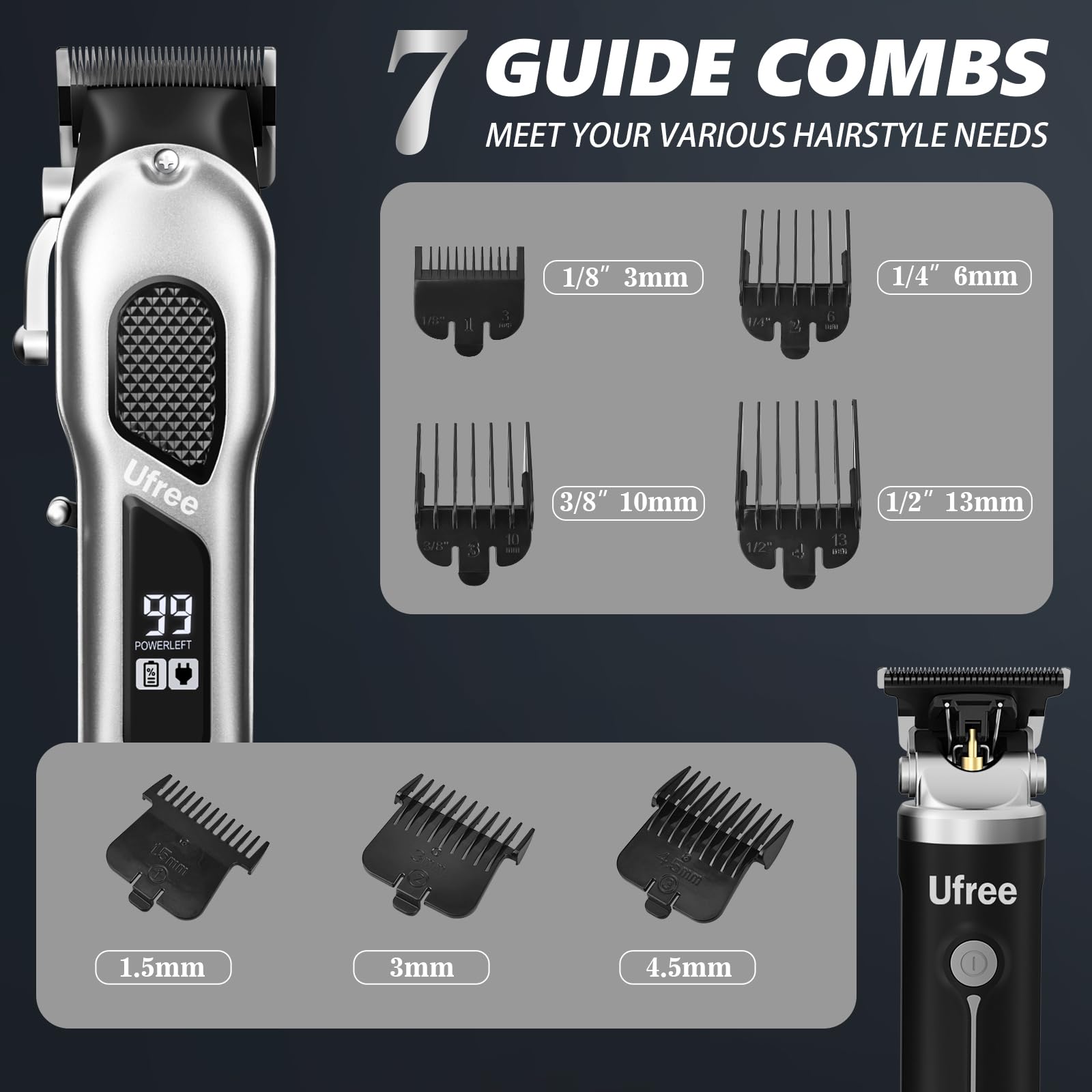 Ufree guards and attachments layout shows 17-piece versatility for styling options