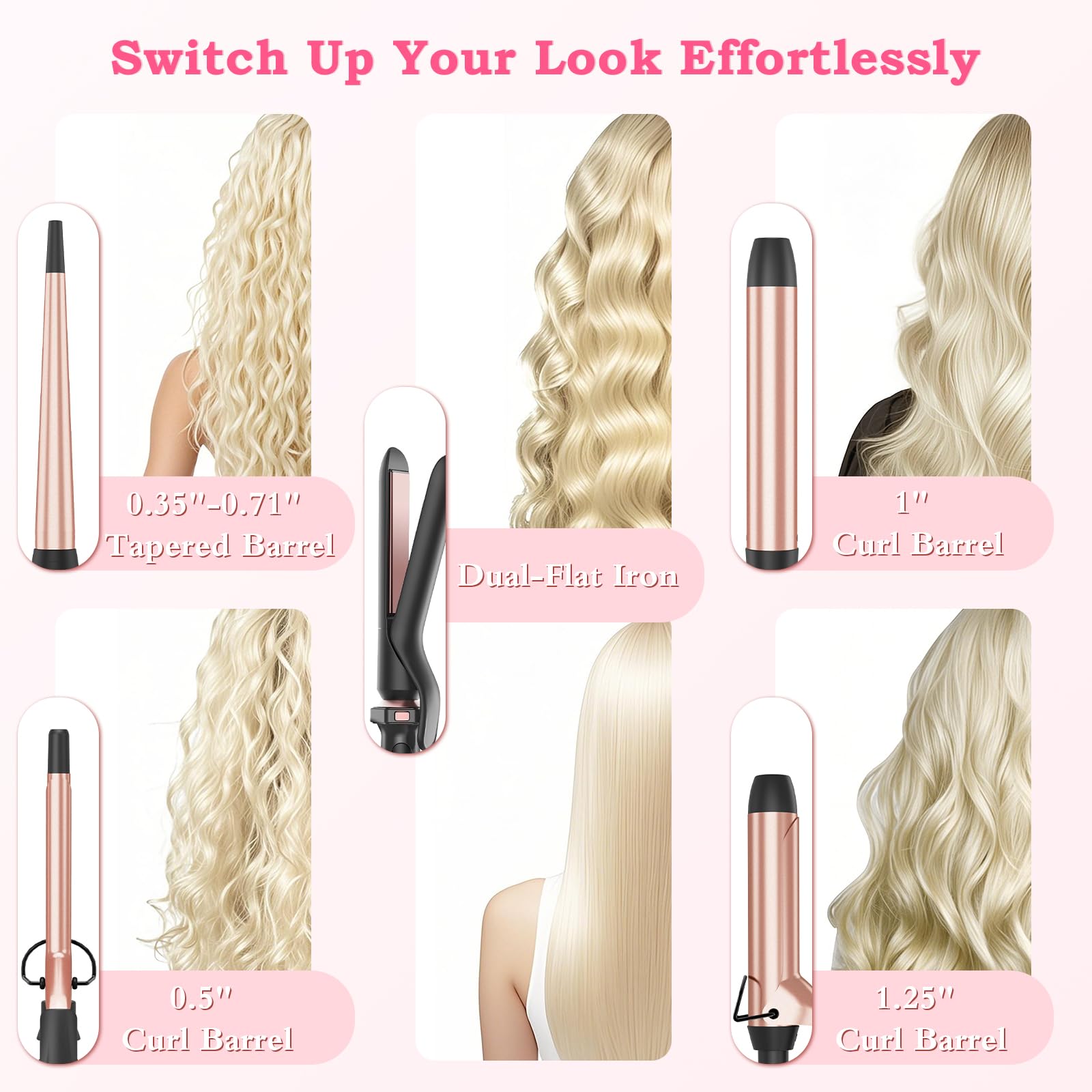 Ufree interchangeable ceramic barrels close-up highlighting even heat distribution for smooth curls.