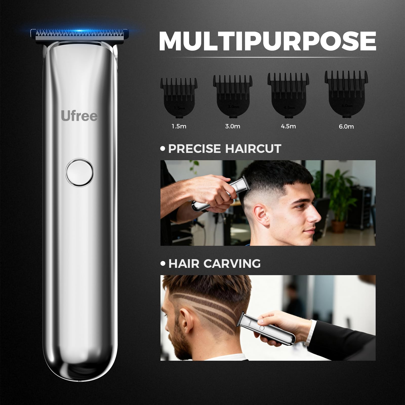 Ufree precision-t-blade-trimmer close-up for sharp detailing of mustaches and sideburns.