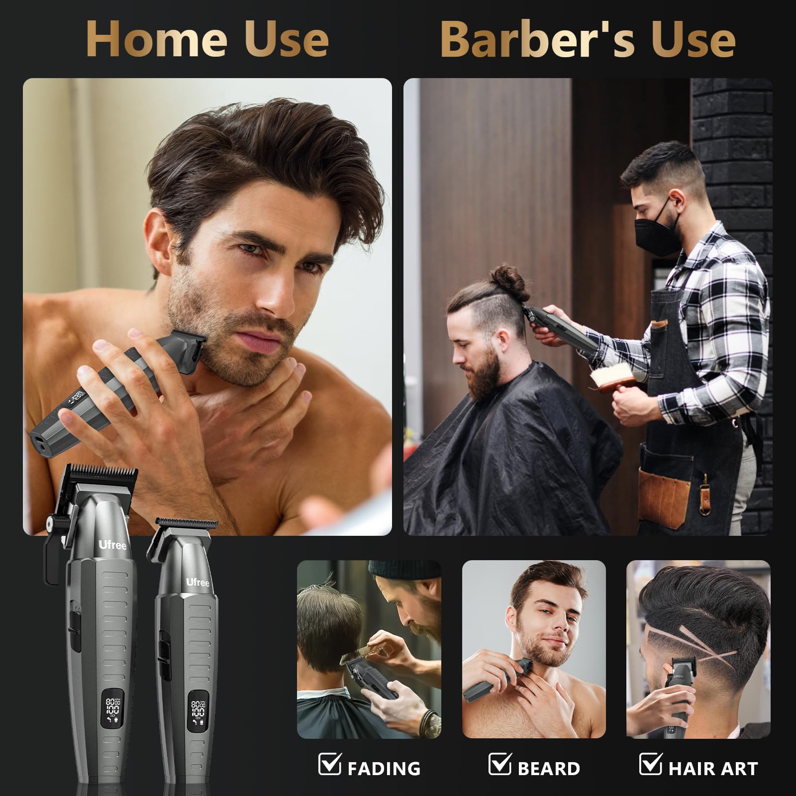 Ufree attachments kit shows eight guide combs for versatile styling.
