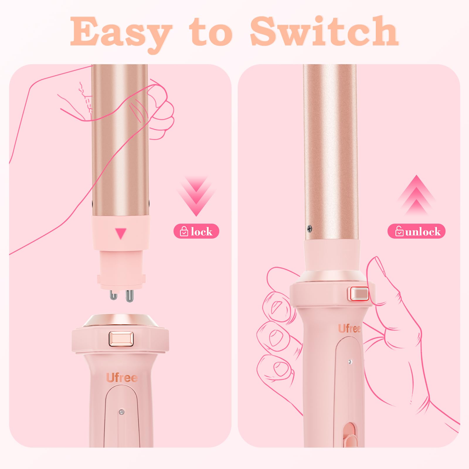Ufree styling in action with pink device demonstrates quick curls and easy use.