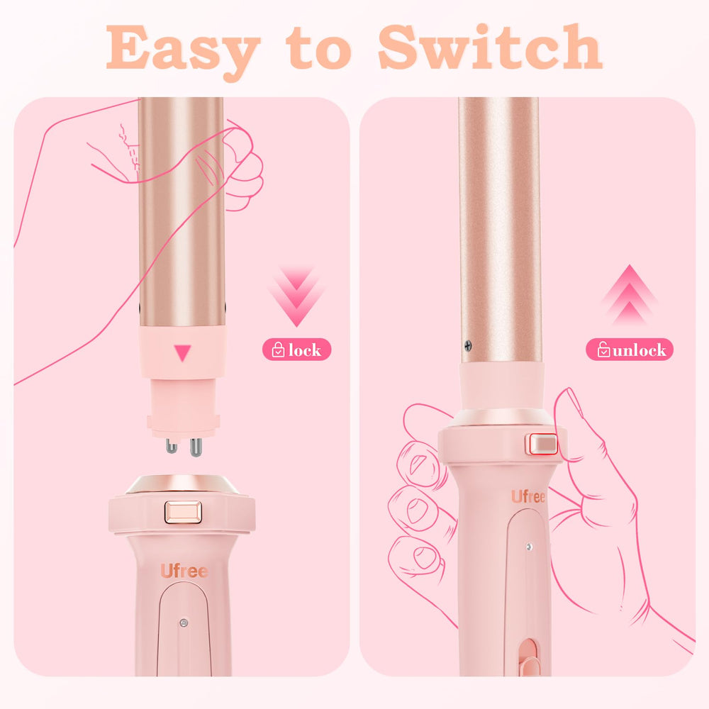 Ufree styling in action with pink device demonstrates quick curls and easy use.
