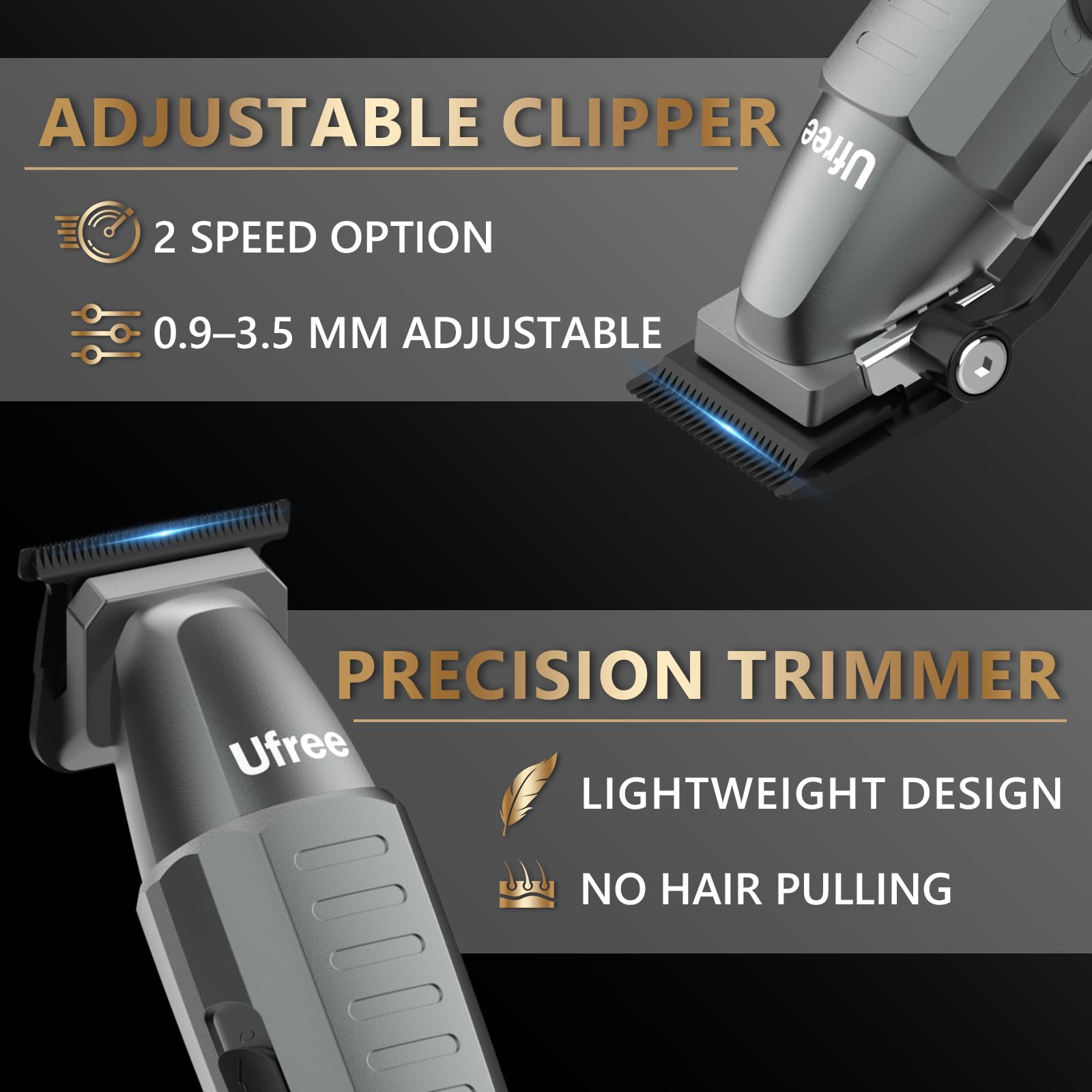 Ufree titanium blades close-up emphasize durability for smooth, precise grooming.