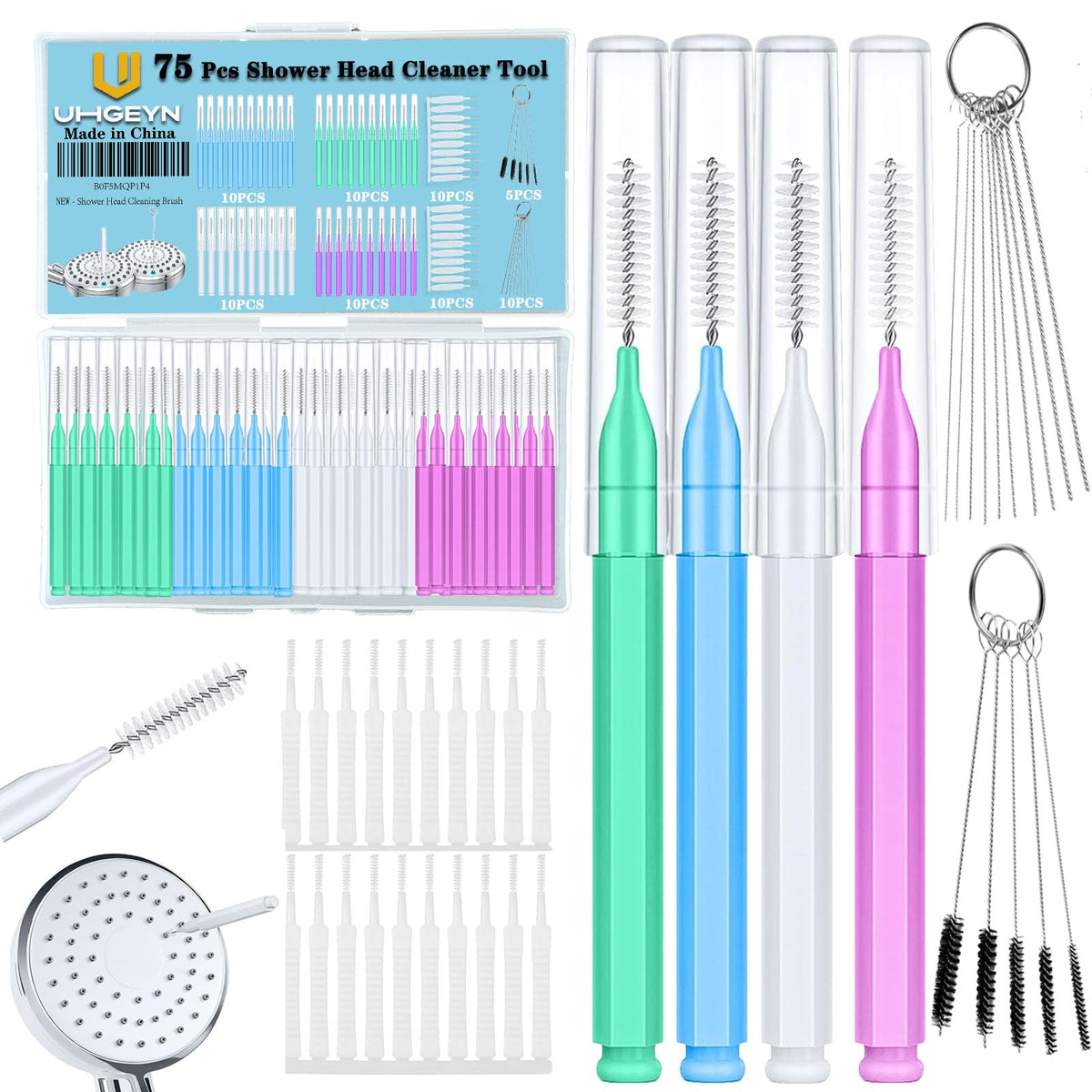 UHGEYN 75pcs multisize shower head cleaner kit with storage box for versatile unclogging and maintenance.