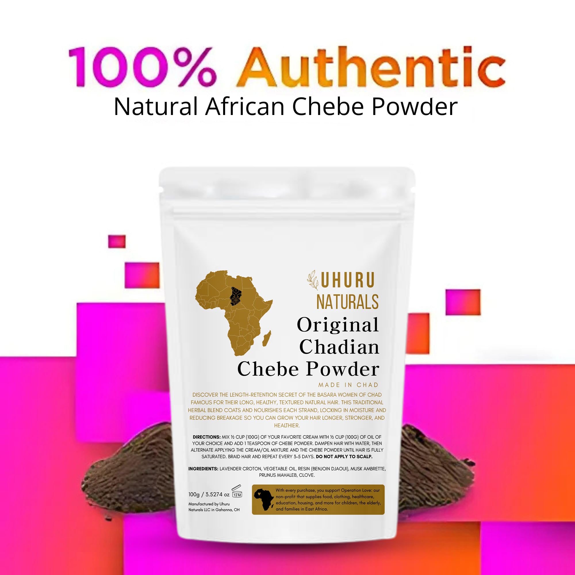 Uhuru Naturals ChadianChebe ingredients closeup featuring natural botanicals.