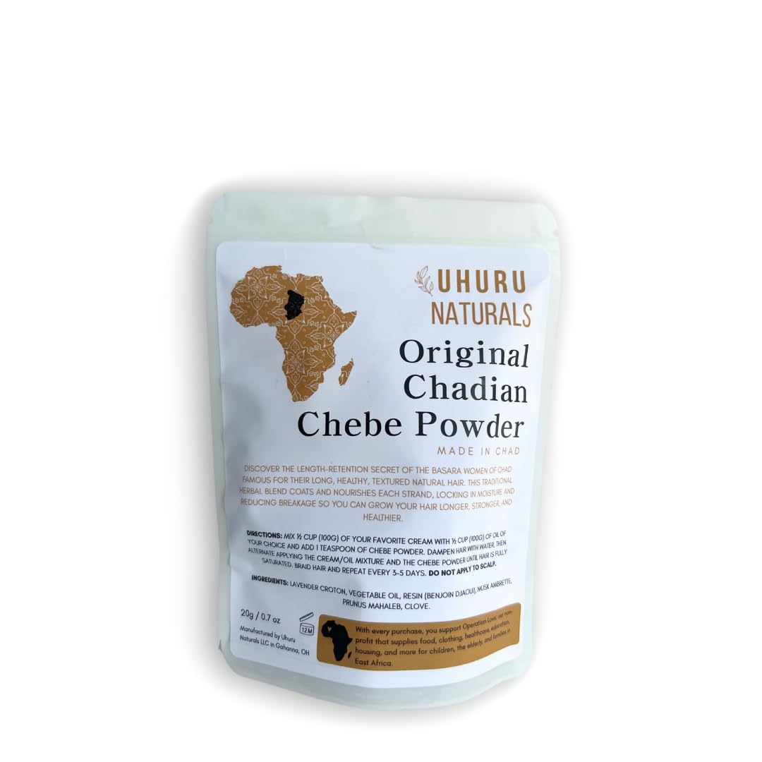 Uhuru Naturals ChadianChebe powder jar showing authentic packaging and hair nourishment.