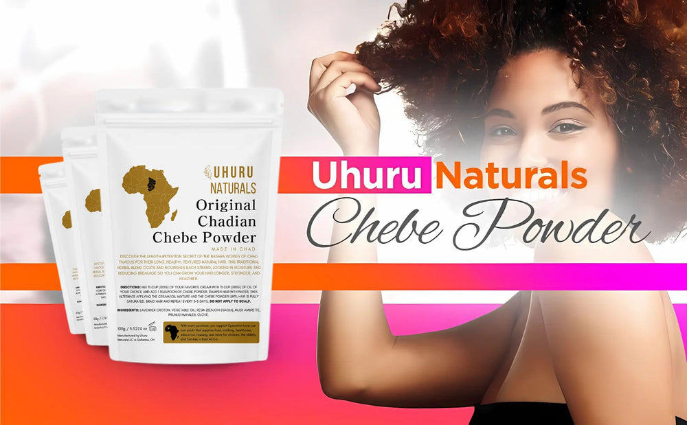 Uhuru Naturals ChadianChebe powder product label emphasizing dye-free formula.
