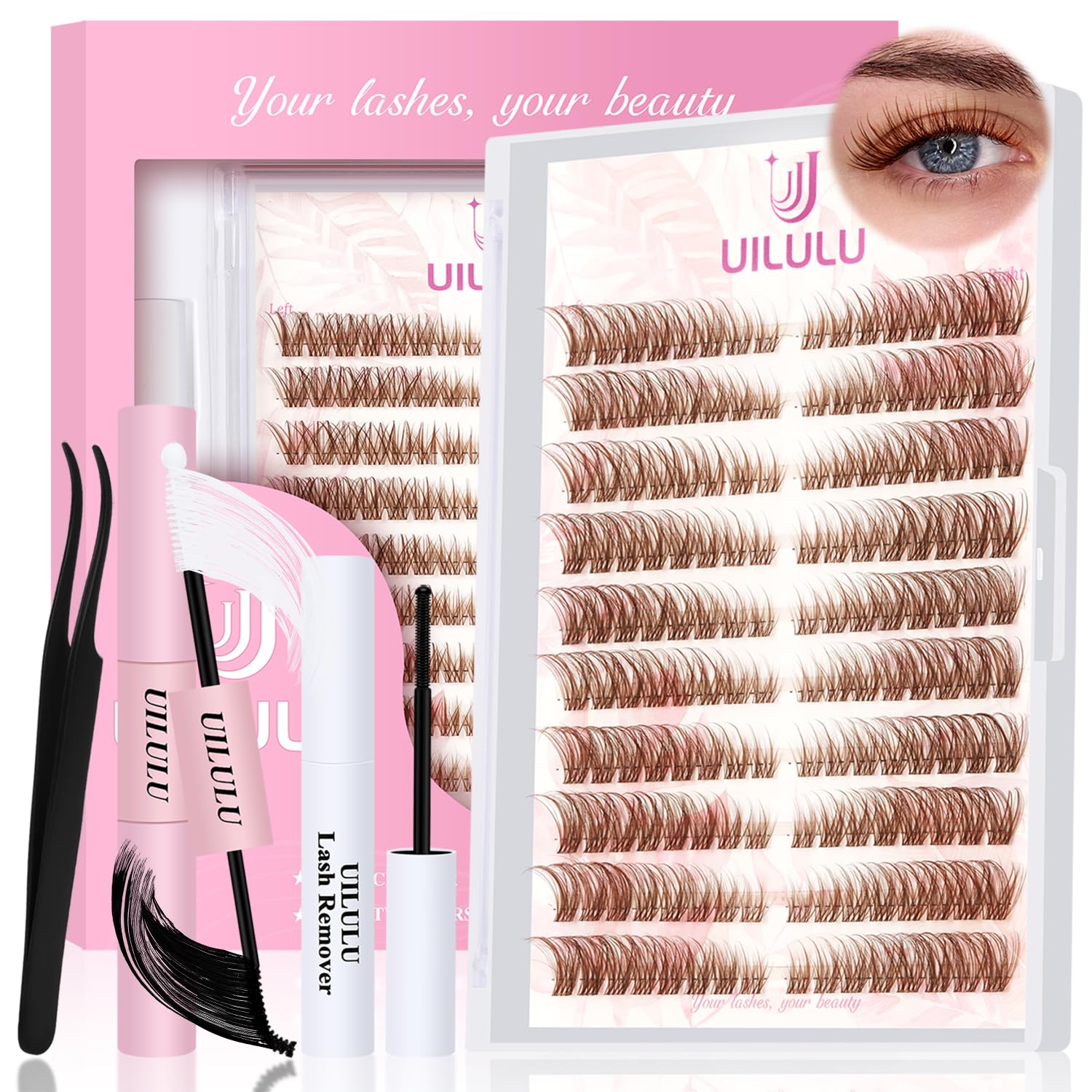 UILULU Brown Lash Clusters Kit 160pcs for fuller, natural-looking lashes all-day wear.